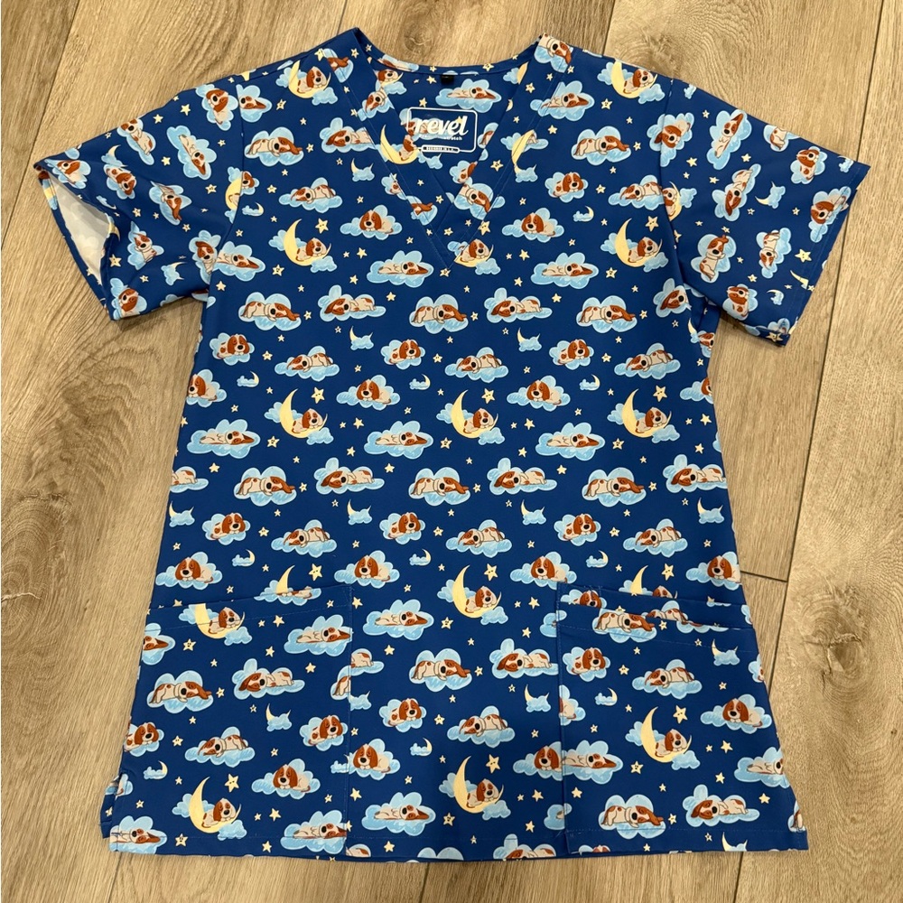 Navy Cartoon Pattern Scrub Top
